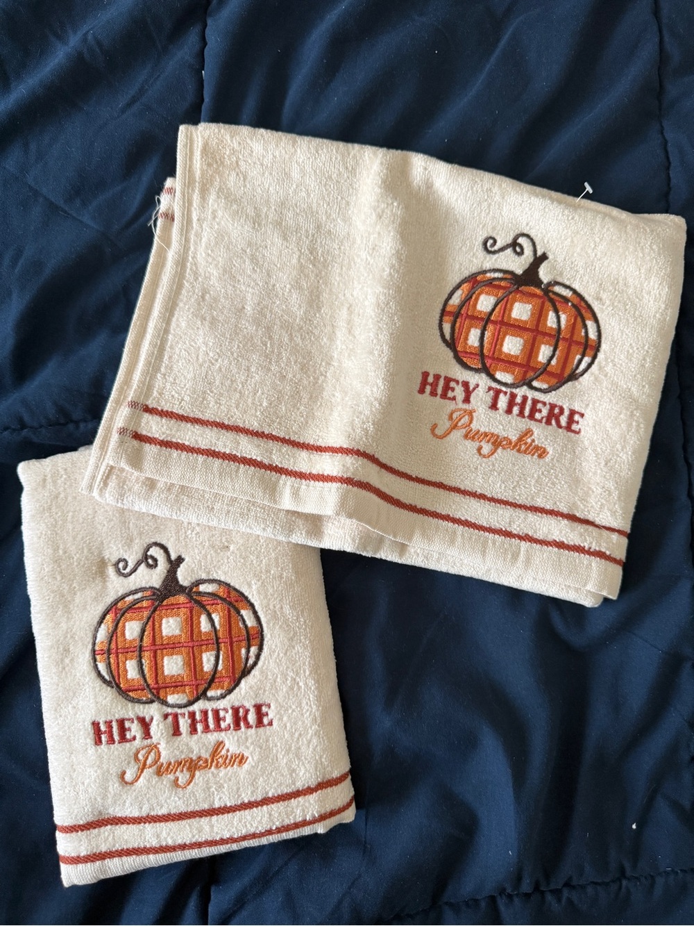 Hey There Pumpkin Embroidered Kitchen Towels - Cream